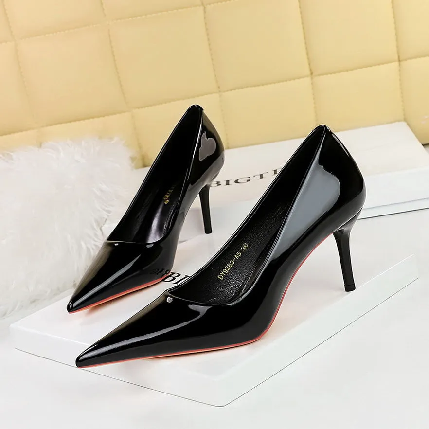 2025 9283-A5  style simple patent leather high heels women's shoes thin heels shallow mouth pointed toe versatile commuter high heels single shoes
