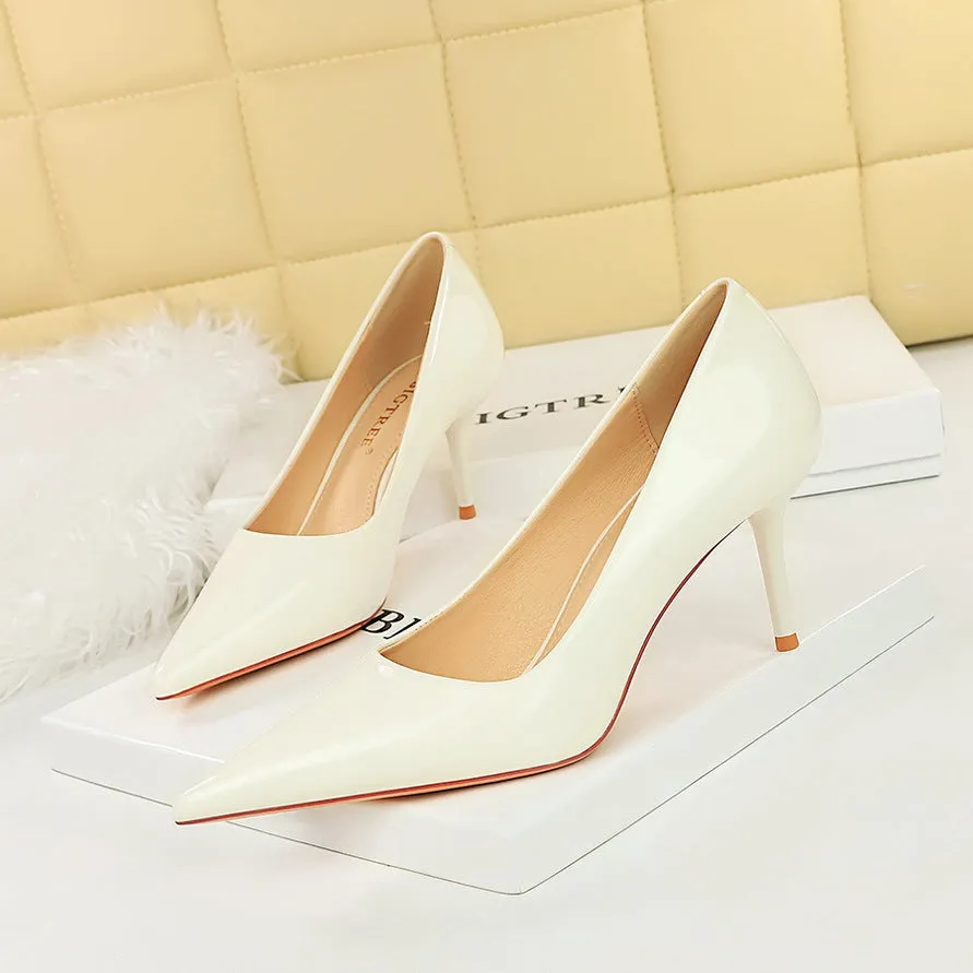 2025 9283-A5  style simple patent leather high heels women's shoes thin heels shallow mouth pointed toe versatile commuter high heels single shoes