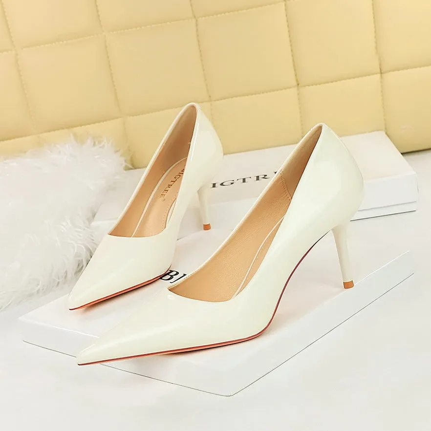 2025 9283-A5  style simple patent leather high heels women's shoes thin heels shallow mouth pointed toe versatile commuter high heels single shoes