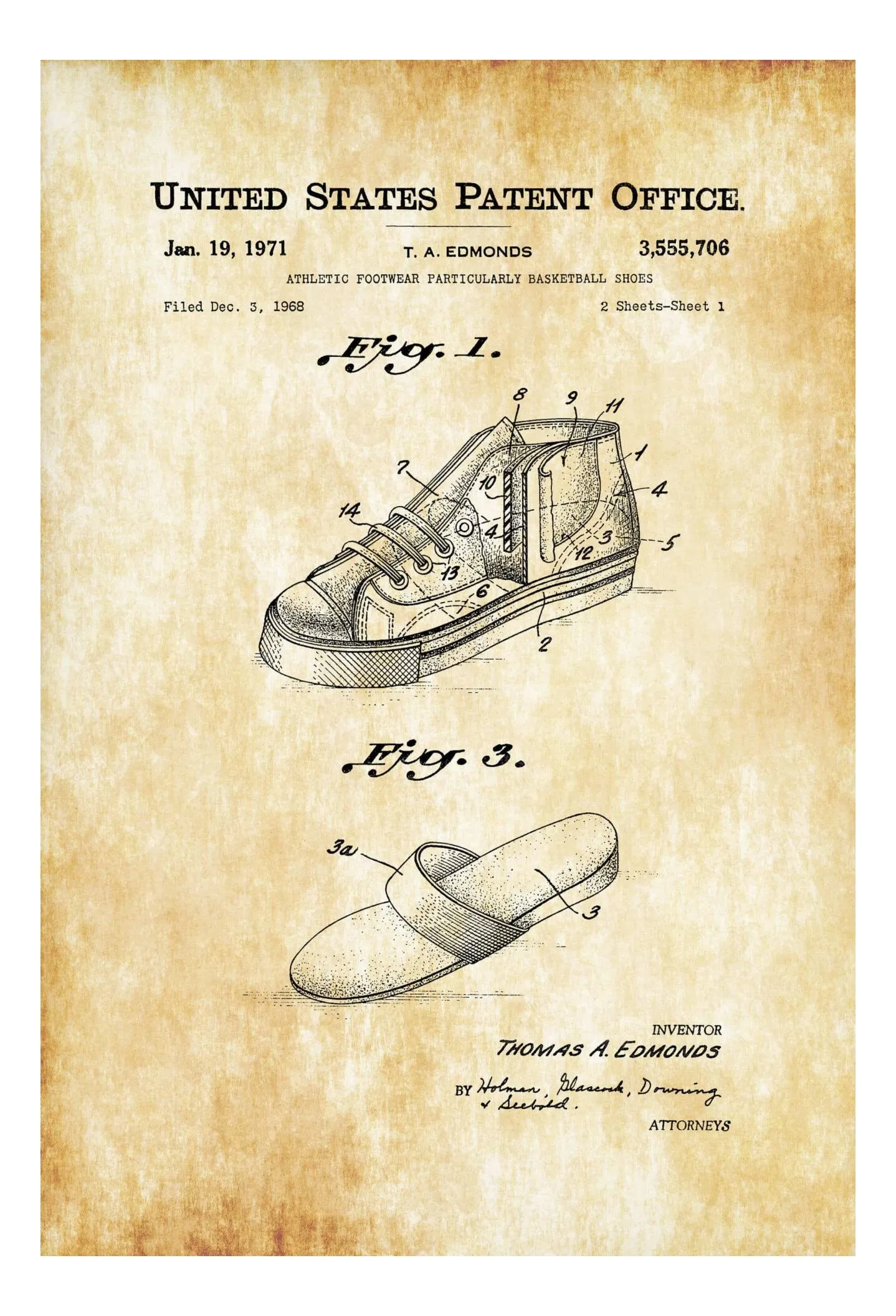 Basketball Shoes Patent Print 1968 - Wall Decor, Basketball Art, Basketball Poster, Basketball Patent, Sports Patent, Sports Art