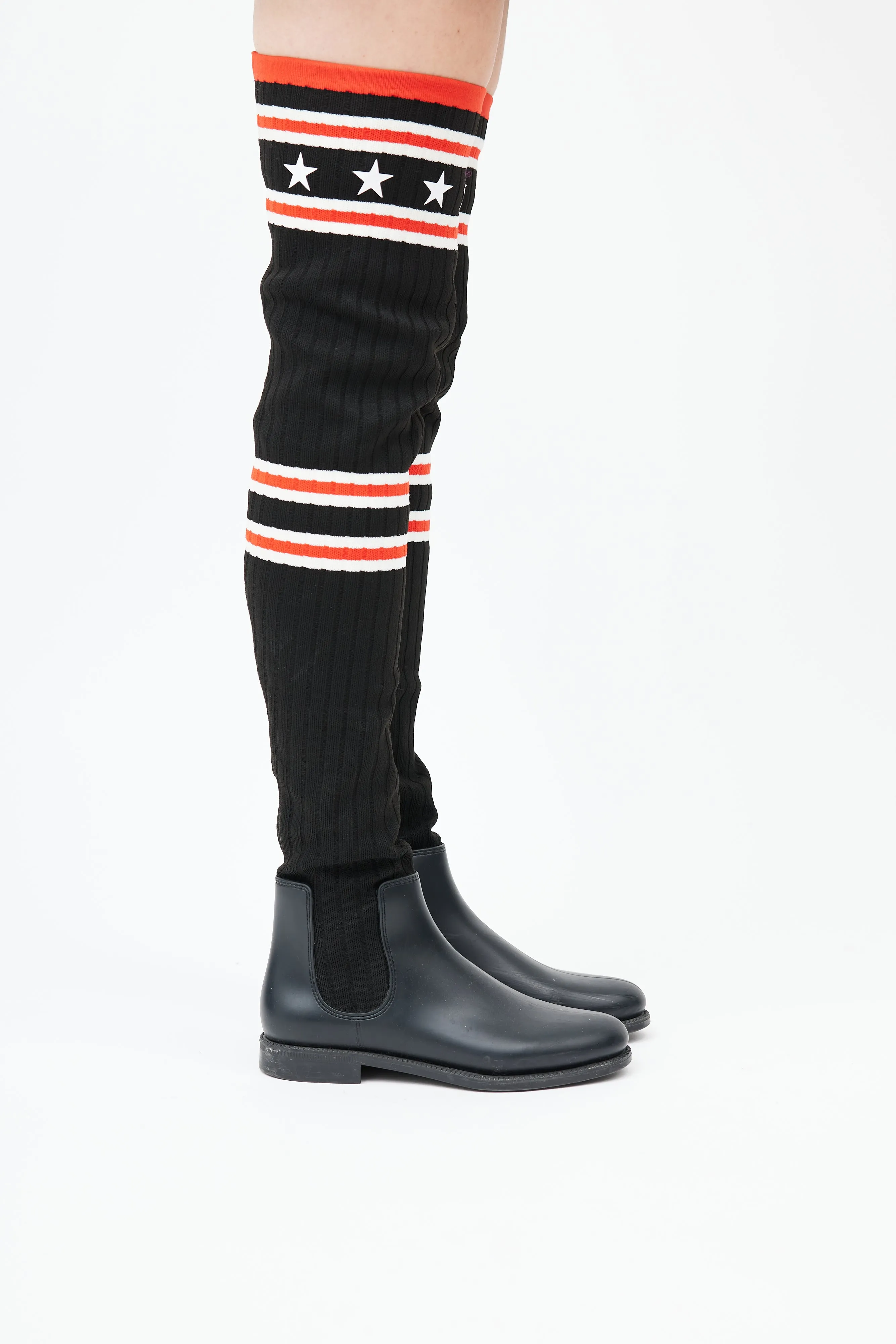 Black & Red Knit Thigh High Rain Boot