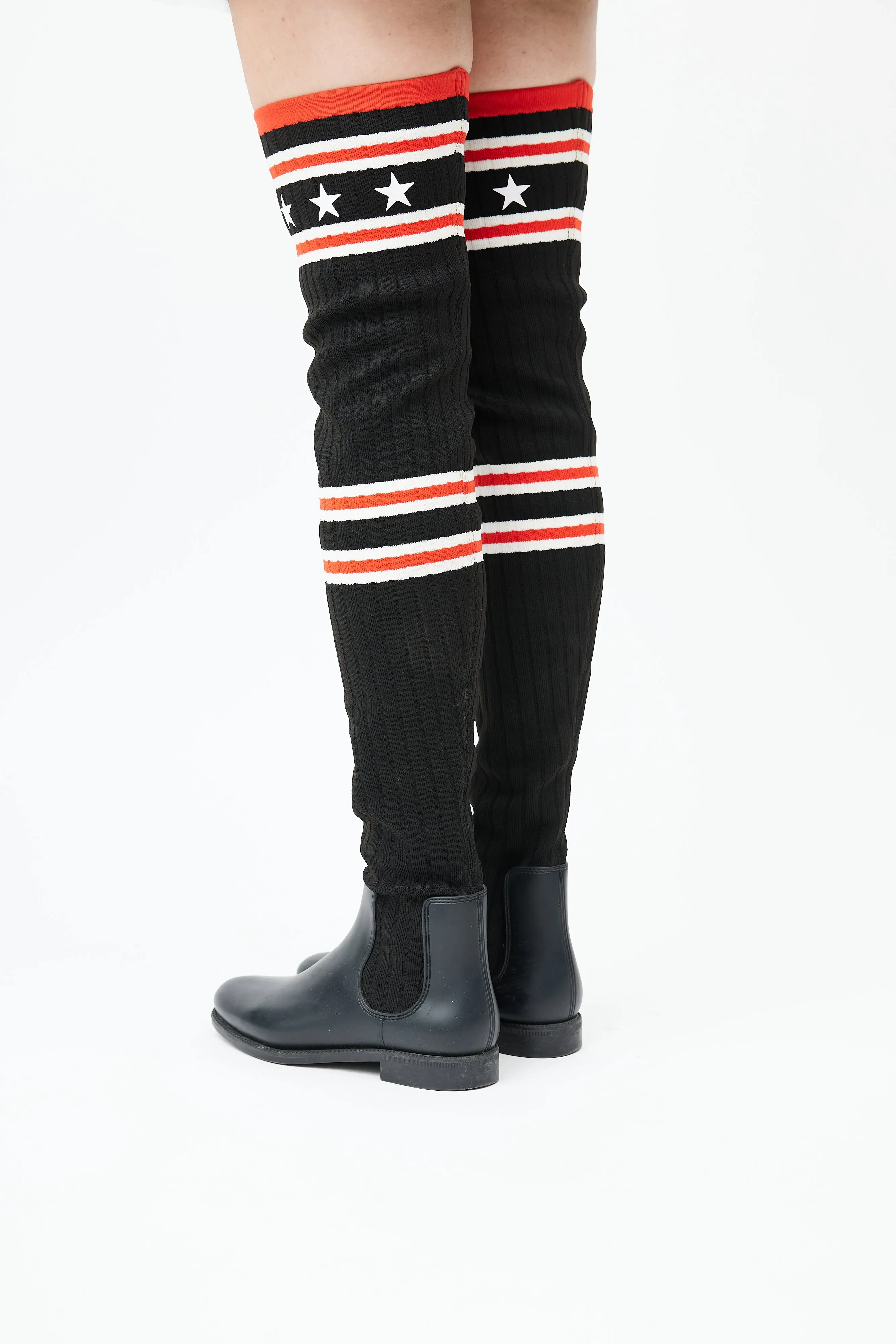 Black & Red Knit Thigh High Rain Boot