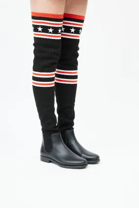 Black & Red Knit Thigh High Rain Boot