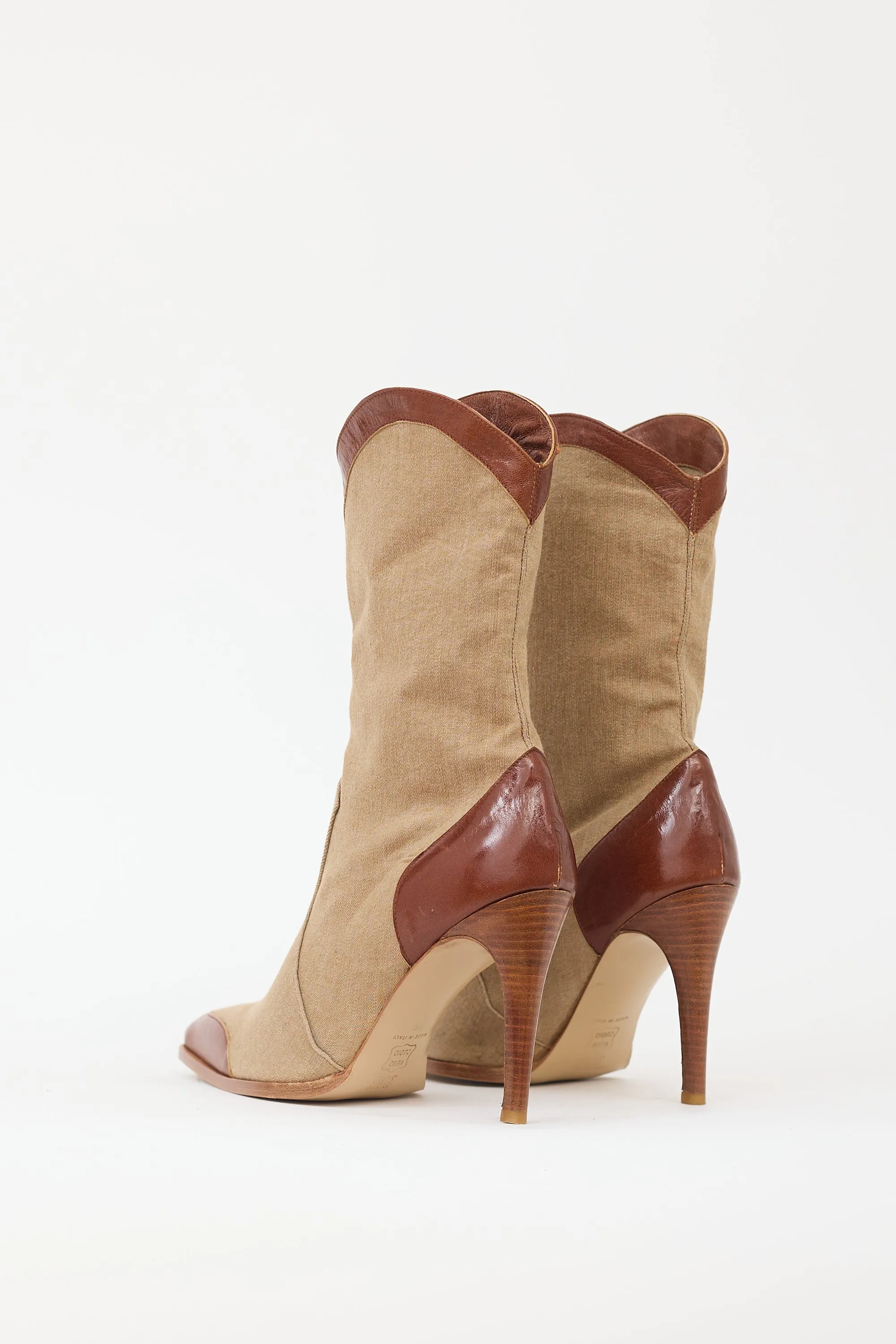 Brown & Beige Denim & Leather Western Boot