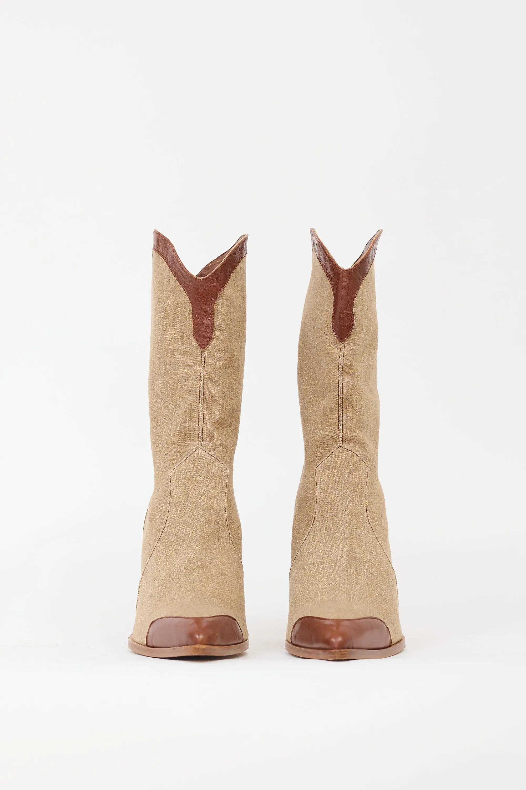 Brown & Beige Denim & Leather Western Boot