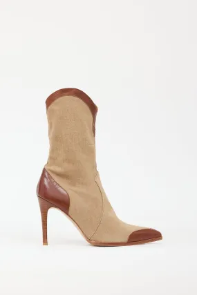 Brown & Beige Denim & Leather Western Boot
