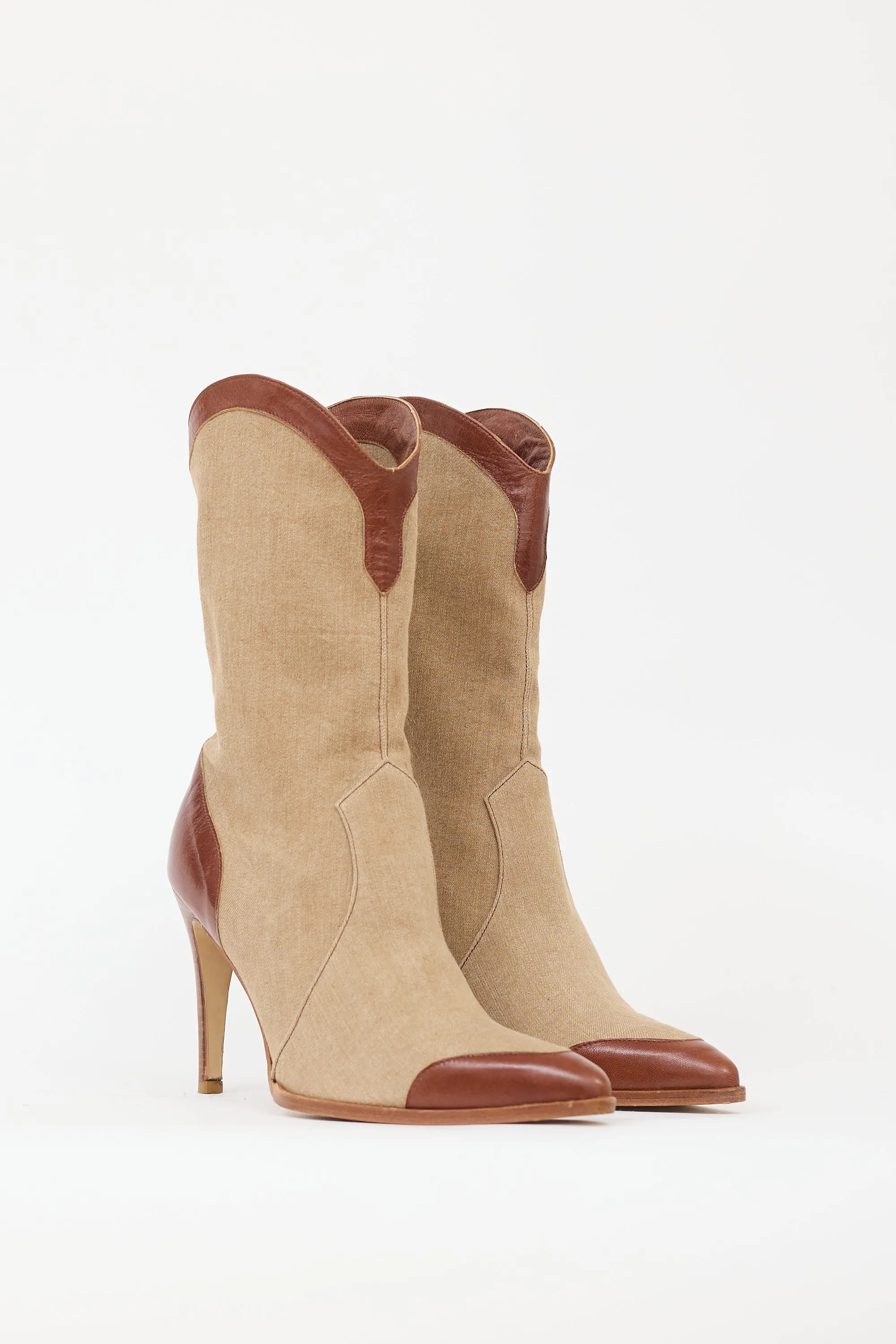 Brown & Beige Denim & Leather Western Boot