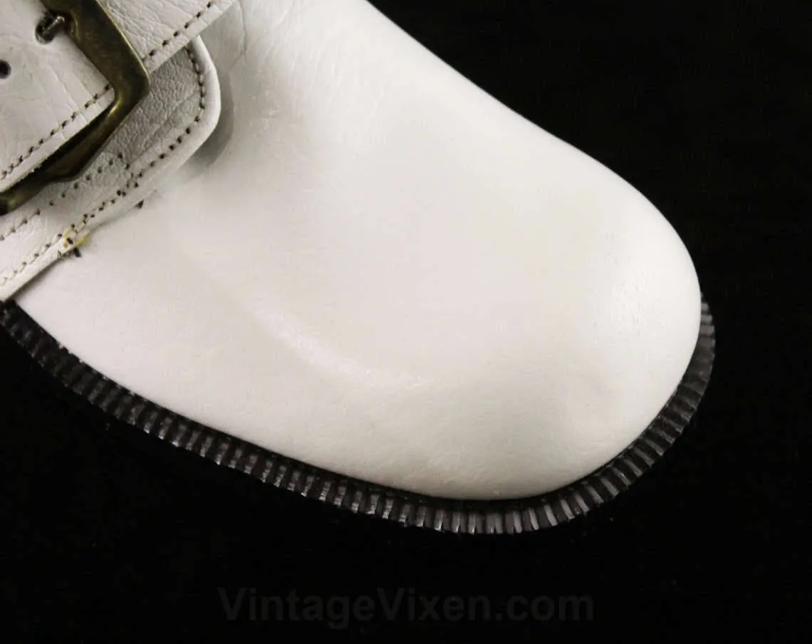 Child's Size 12 White Shoes - Funky Motown Style Leather Shoes - 60s 70s Boys Girls Children's Deadstock - Round Toe & Big Buckles - 48059-1