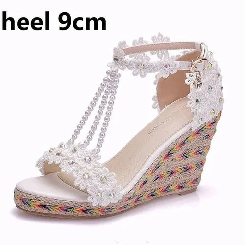 Crystal Wedge Sandals White Lace Flowers Tassel