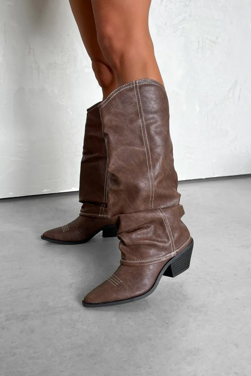 DENI Slouched Cowboy Western Boots - Brown PU