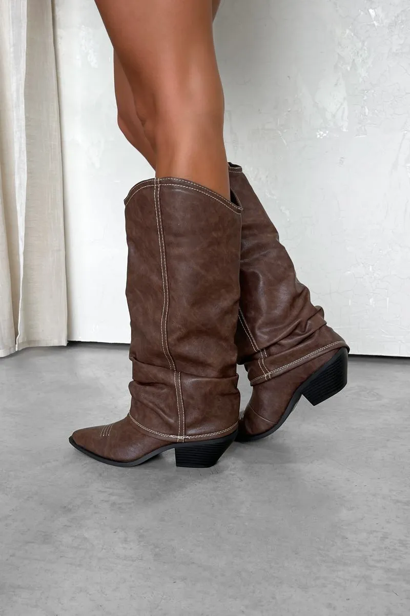 DENI Slouched Cowboy Western Boots - Brown PU