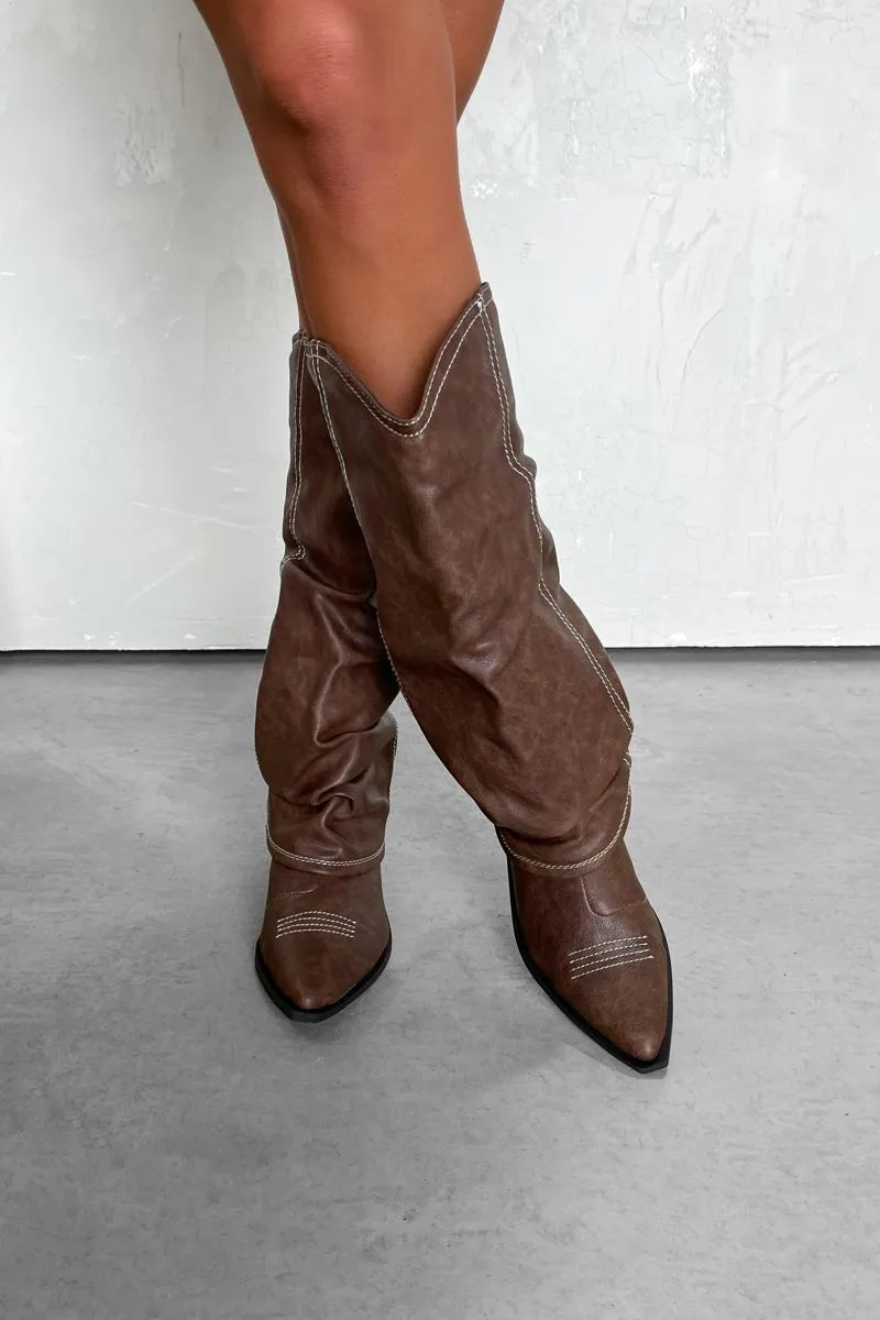 DENI Slouched Cowboy Western Boots - Brown PU