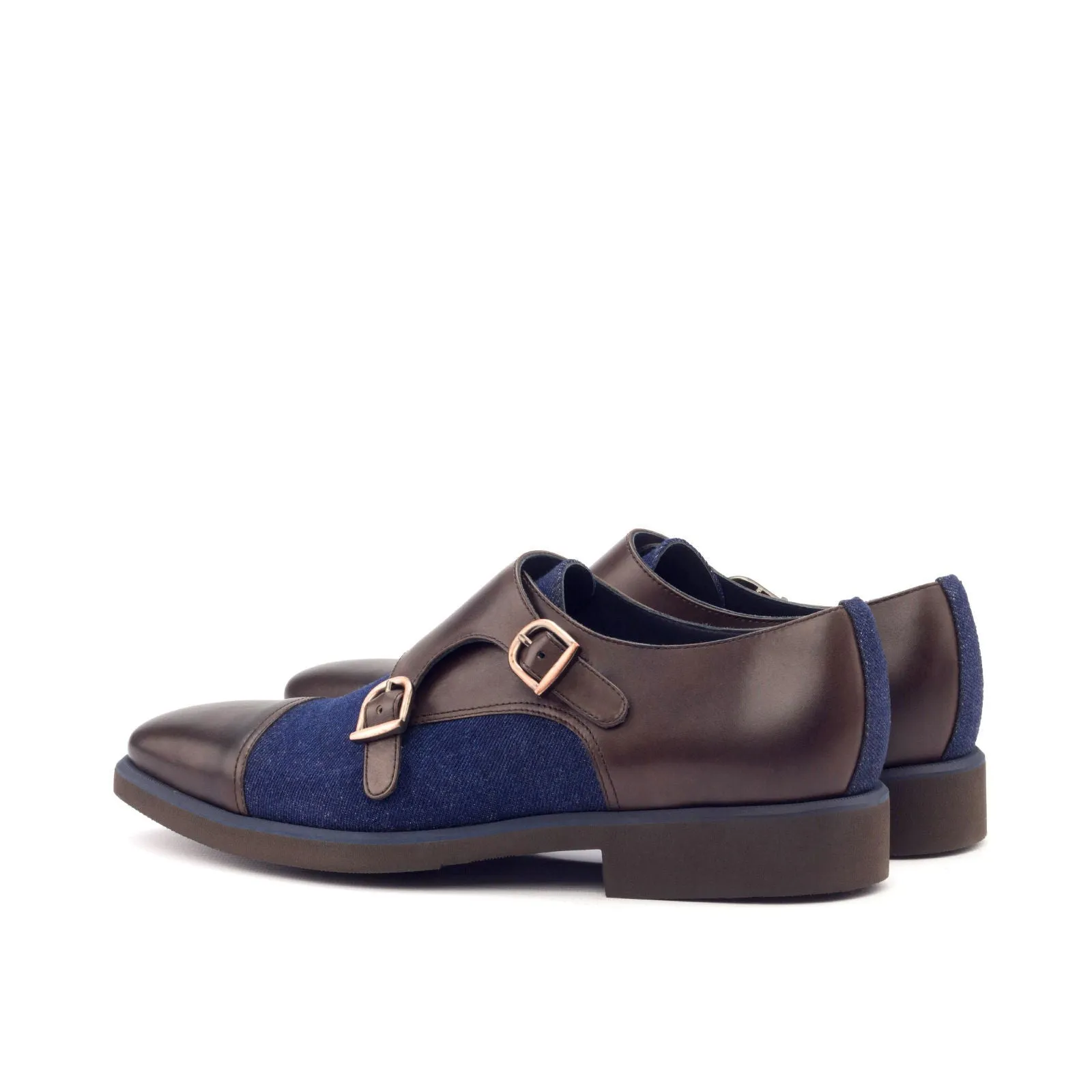 Men's Double Monk Leather Shoes Wide Blue Dark Brown 2995