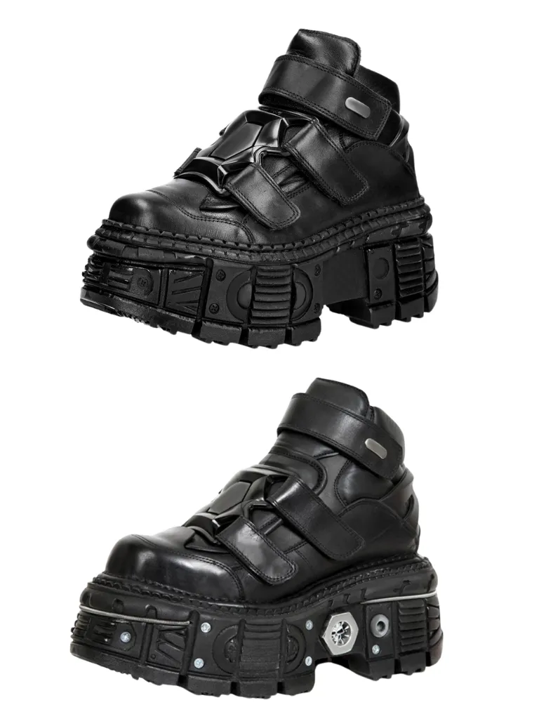 Metal Leather High Platform Plain with Punk Chain Shoes Dark Style Top