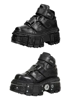 Metal Leather High Platform Plain with Punk Chain Shoes Dark Style Top