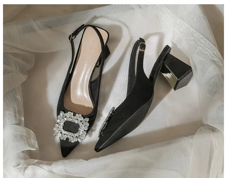 MRWEI Camille French-Style Black Pointed-Toe Sandals