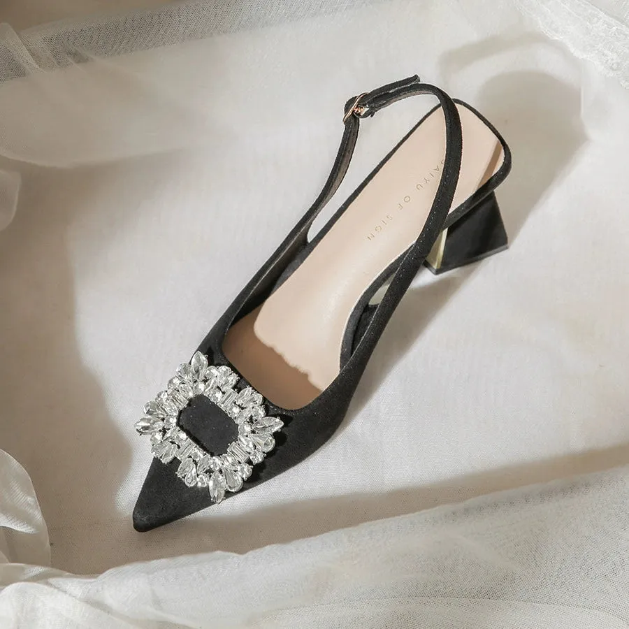 MRWEI Camille French-Style Black Pointed-Toe Sandals
