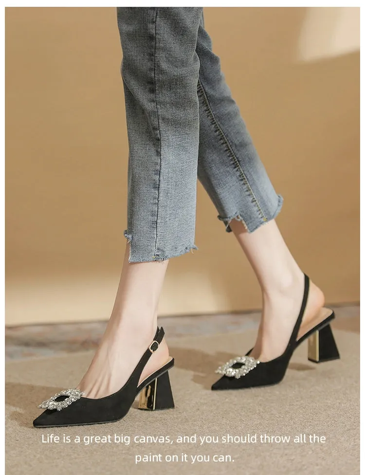 MRWEI Camille French-Style Black Pointed-Toe Sandals