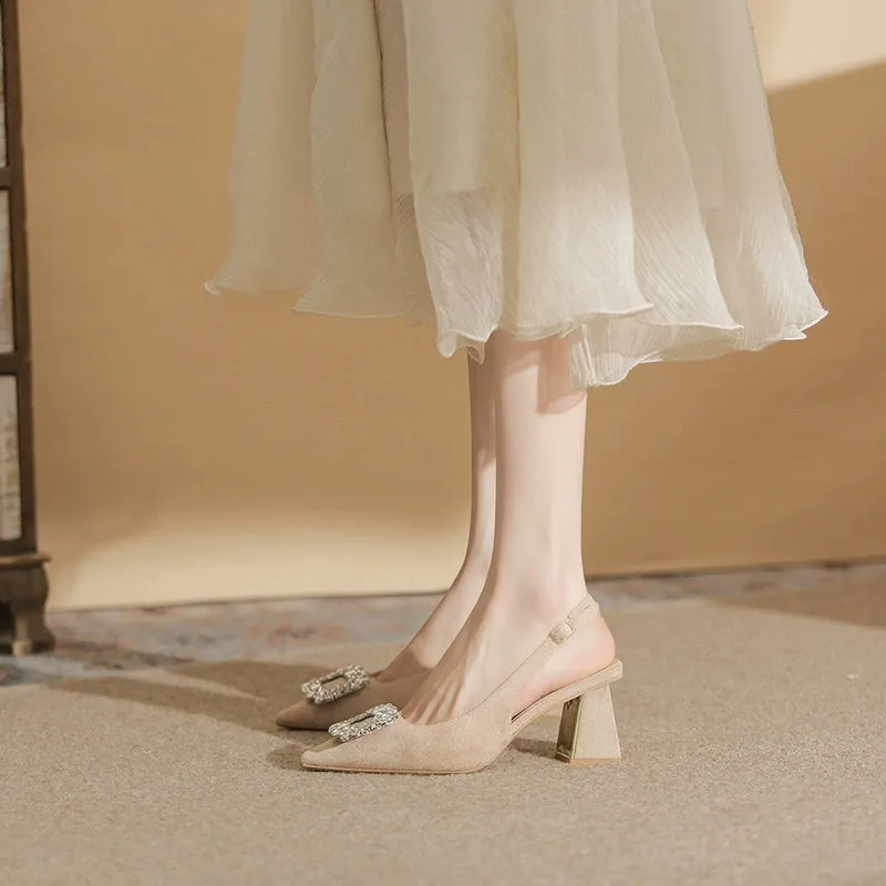 MRWEI Camille French-Style Black Pointed-Toe Sandals