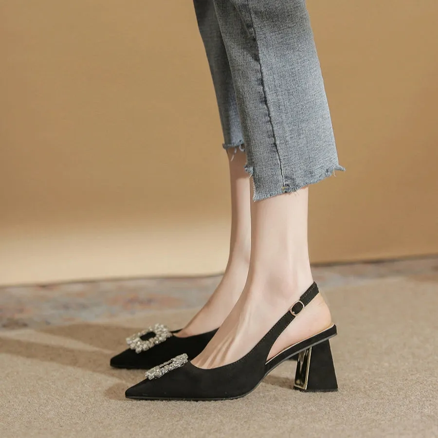 MRWEI Camille French-Style Black Pointed-Toe Sandals