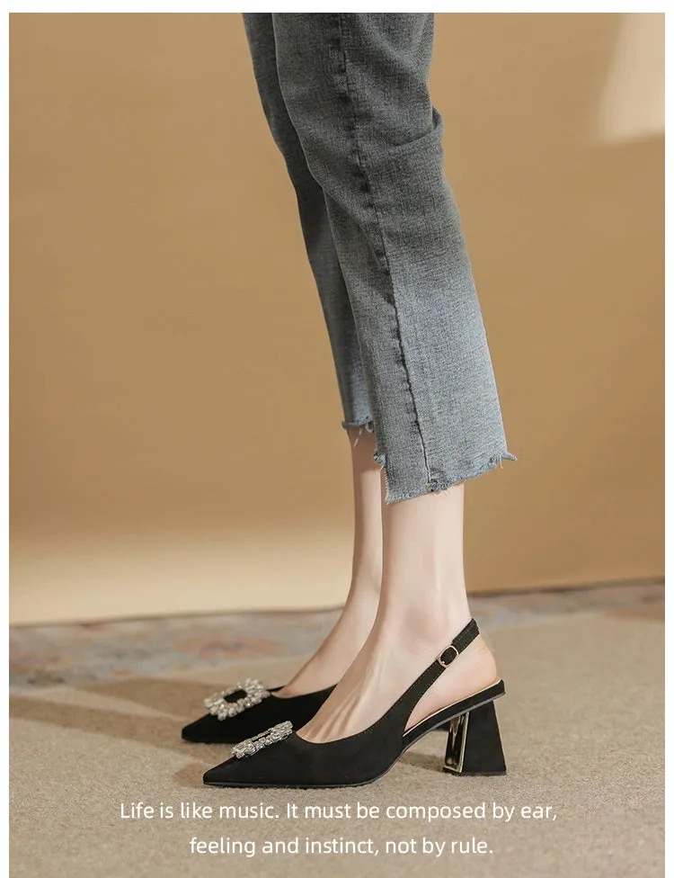 MRWEI Camille French-Style Black Pointed-Toe Sandals
