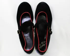 Size 4.5 1940s Black Mary Jane Shoes - Velvety with Red Piping & Buckle Strap - Bobby Soxer Swing Girl Low Heel - 40s 50s Deadstock - 4 1/2