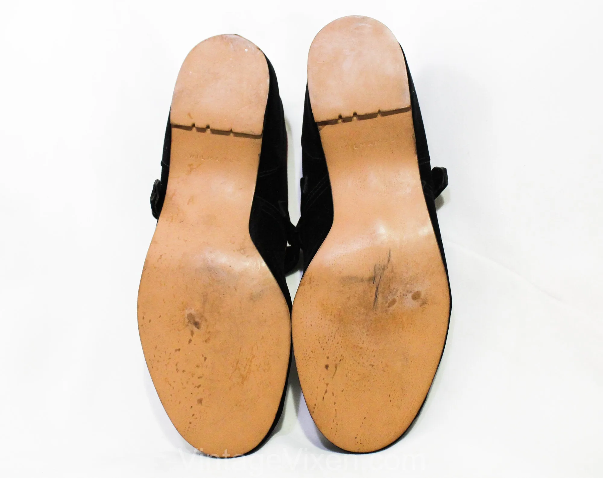 Size 4.5 1940s Black Mary Jane Shoes - Velvety with Red Piping & Buckle Strap - Bobby Soxer Swing Girl Low Heel - 40s 50s Deadstock - 4 1/2